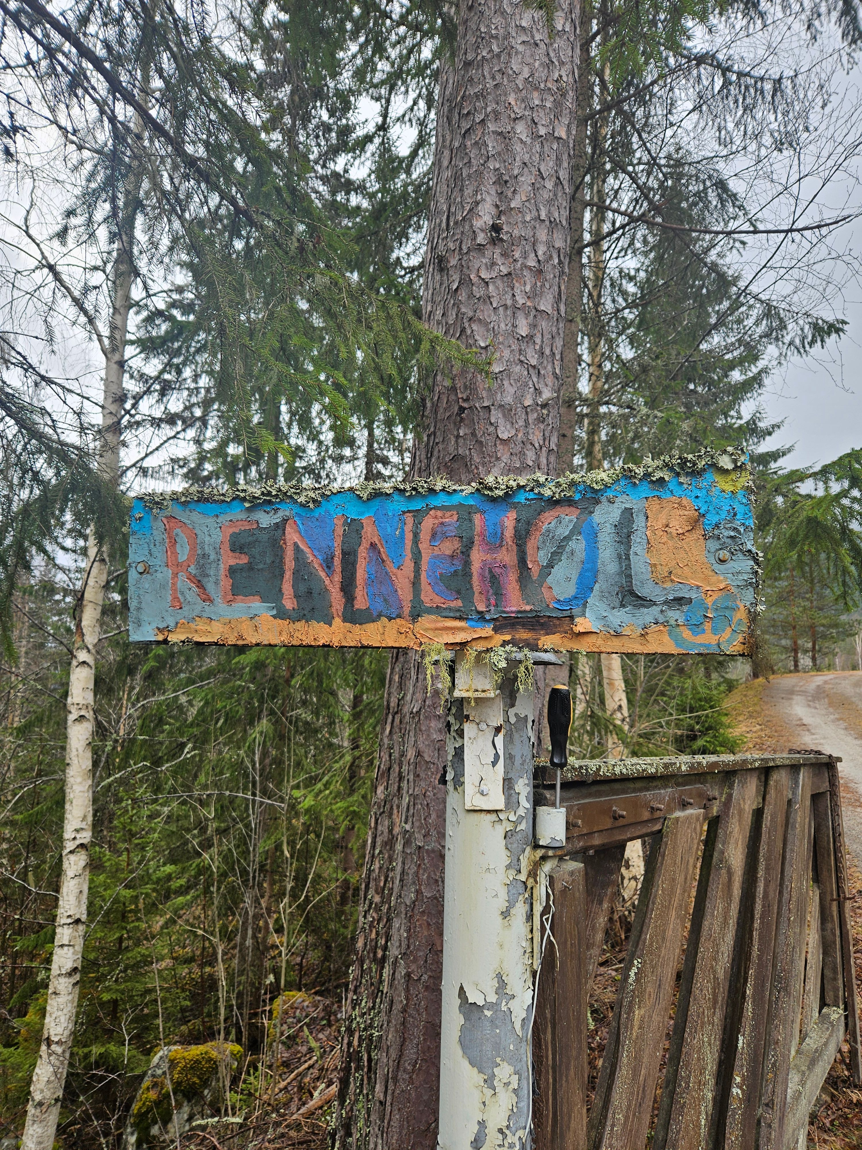 Håndmalt Rennehøl-skilt ved innkjørselen, med oransje bokstaver på blå bakgrunn, omgitt av furuskog