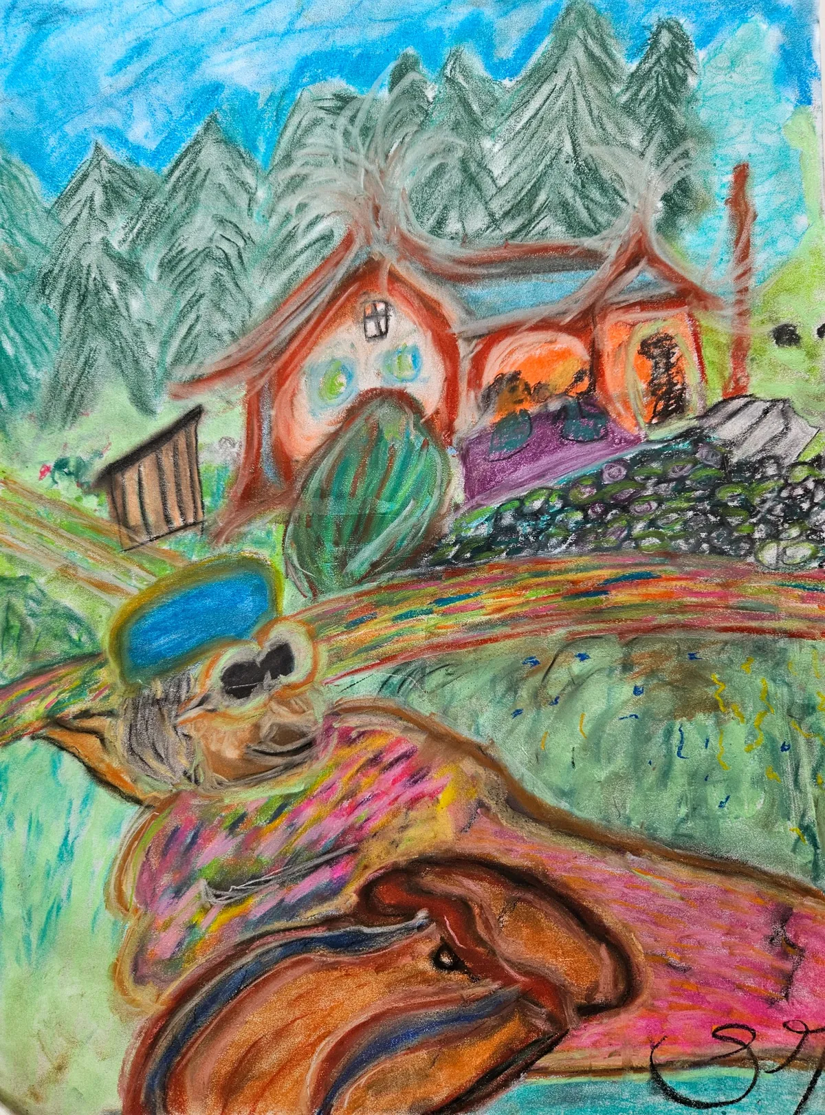 Fargerik pastelltegning av rødt hus med furutrær og person i hengekøye