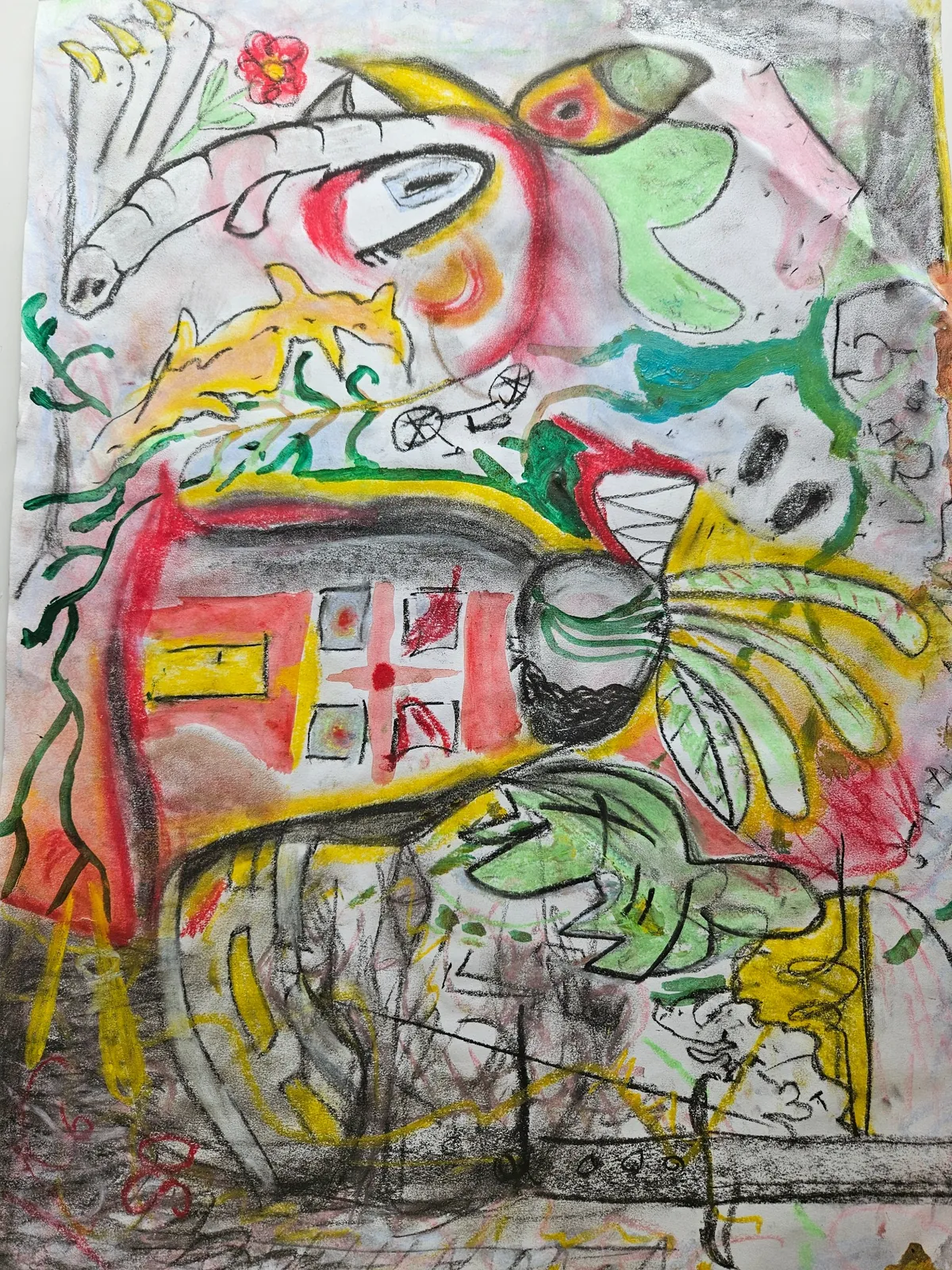 Abstrakt fargerik tegning med hus, fugler, blader og blomster